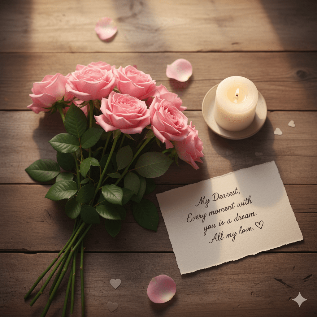 Flat lay of pink rose bouquet, handwritten love note, and candle on wooden table, romantic and cozy lighting, aesthetic lifestyle photography