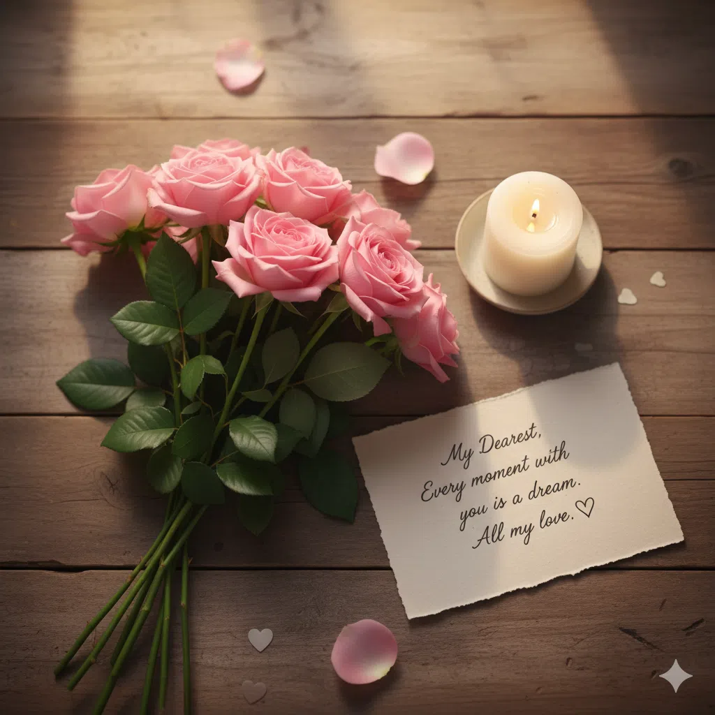 Flat lay of pink rose bouquet, handwritten love note, and candle on wooden table, romantic and cozy lighting, aesthetic lifestyle photography