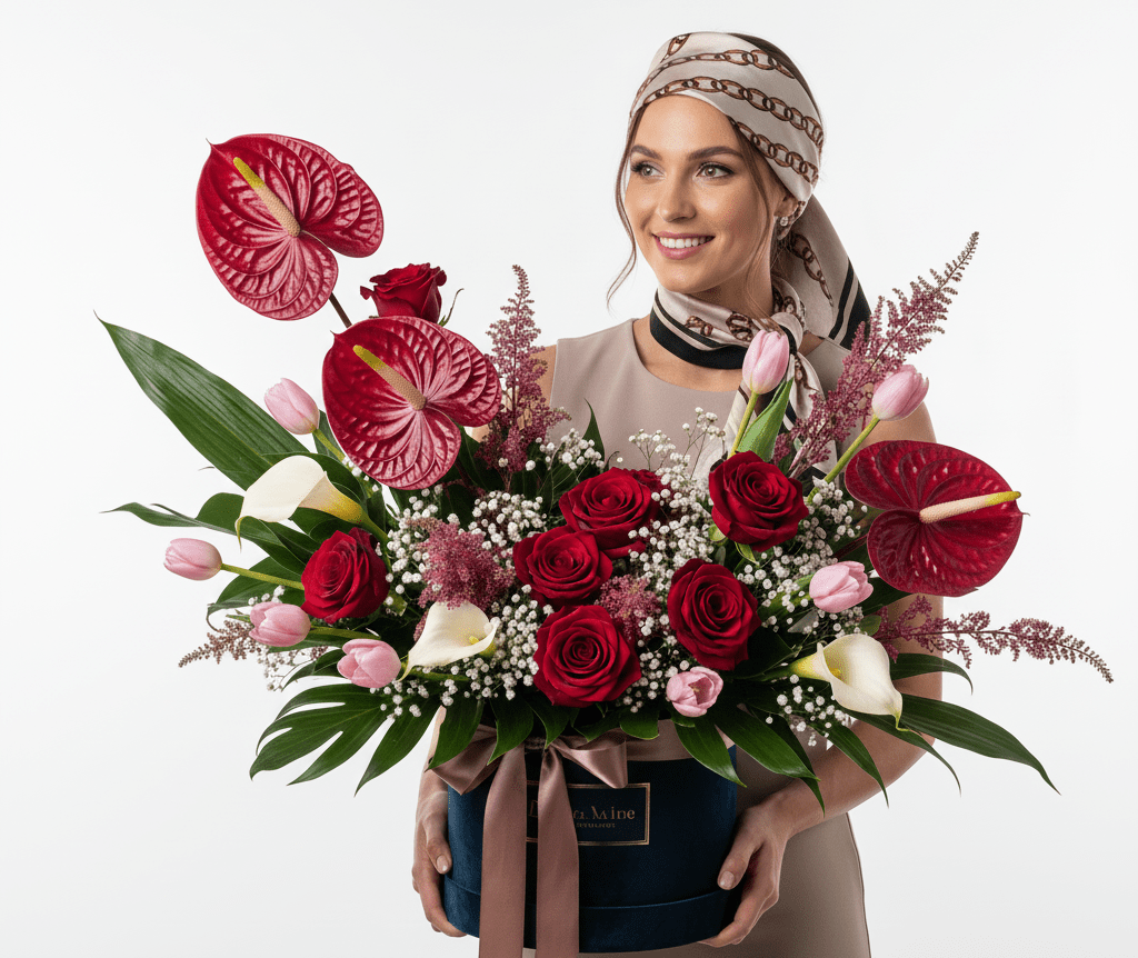 باکس گل هدیه با گل های لیلیوم، آنتریوم، رز، شیپوری، ژیپسوفیلیا